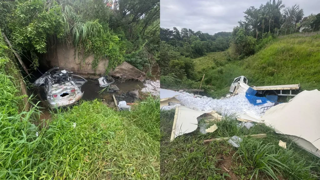 Veículos despencam de barranco após forte colisao