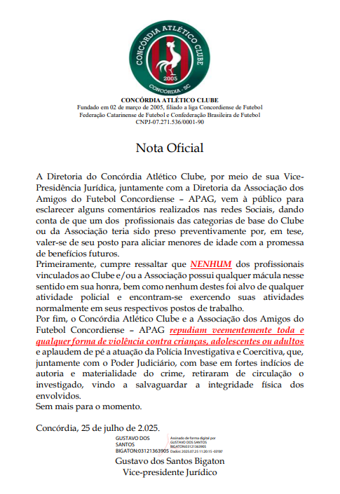 Concórdia Atlético Clube e APAG se manifestam sobre comentários em redes sociais