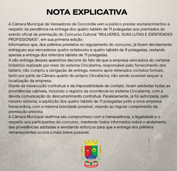 NOTA: Pendência na entrega de prêmios do concurso da Câmara de Vereadores