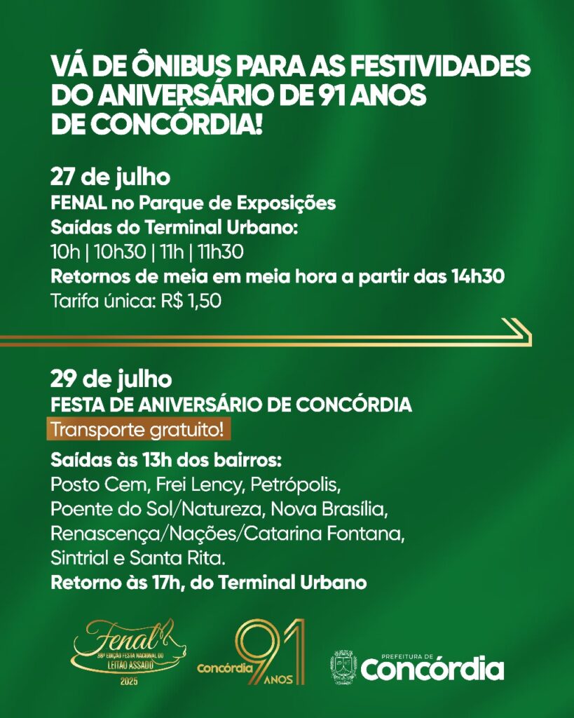 Prefeitura disponibiliza transporte para festas dos 91 anos de Concórdia
