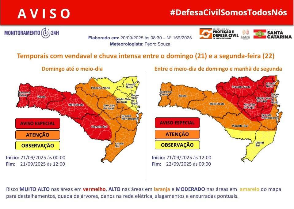 Alerta de tempo severo para o Estado de Santa Catarina