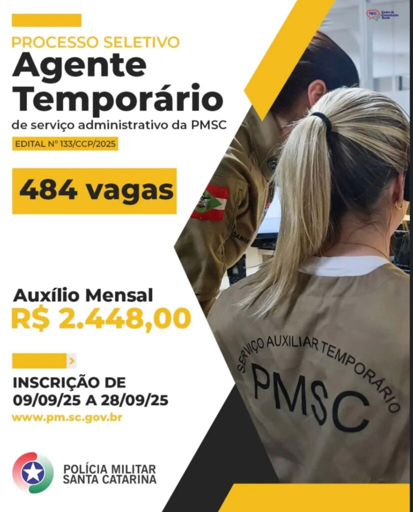 Concórdia tem vagas abertas para agentes administrativos temporários da Polícia Militar