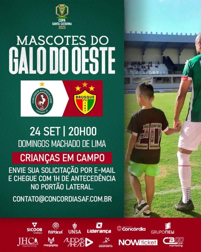 Concórdia abre inscrições para 22 vagas de crianças entrarem em campo com o time