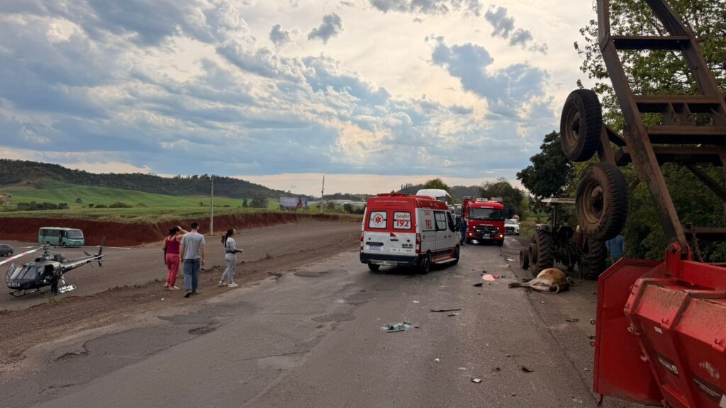Colisão entre caminhão e trator deixa homem gravemente ferido e mata animal na BR-282