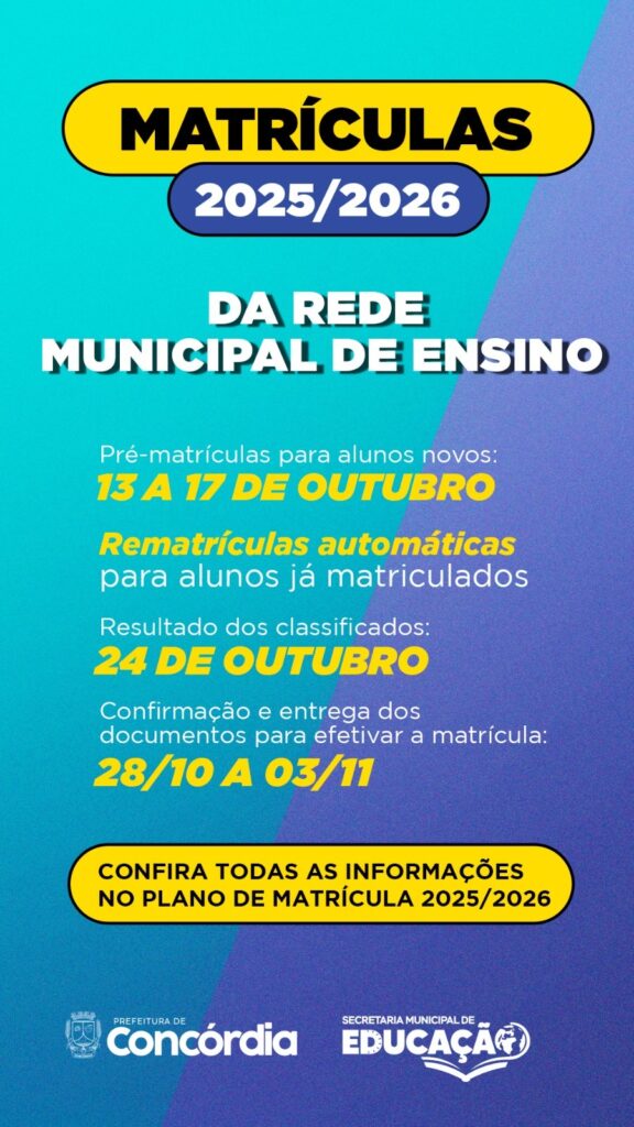 Secretaria de Educação de Concórdia divulga cronograma de matrículas e rematrículas