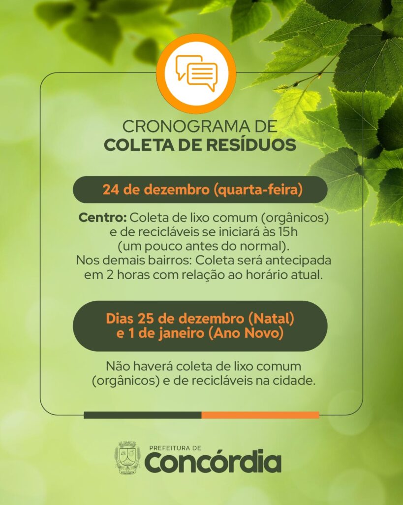 Prefeitura de Concórdia anuncia alterações no cronograma de coleta de lixo para o Natal e Ano Novo