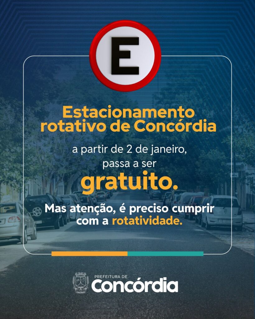 Estacionamento rotativo de Concórdia será gratuito a partir de 2 de janeiro