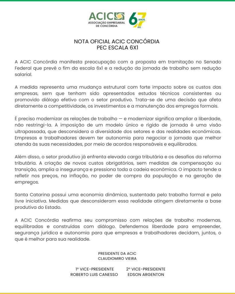 ACIC Concórdia manifesta preocupação com proposta de fim da escala 6×1