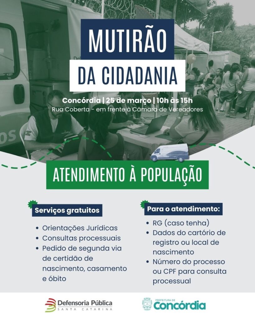 Concórdia recebe Mutirão da Cidadania com serviços gratuitos no dia 25 de março