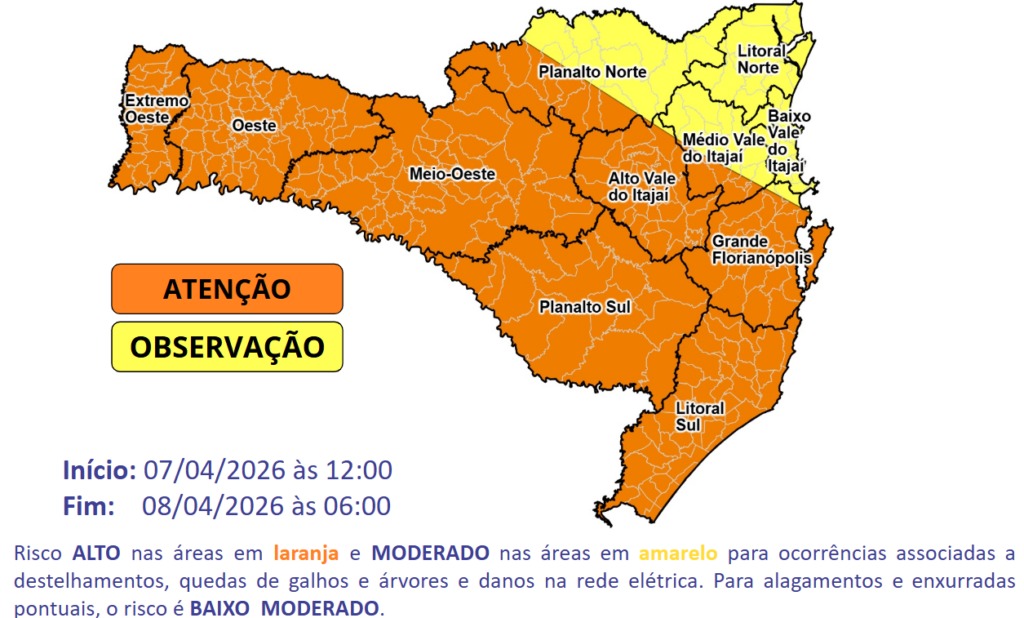 Frente fria provoca temporais e ventos de até 80 km/h em Santa Catarina entre terça e quarta-feira
