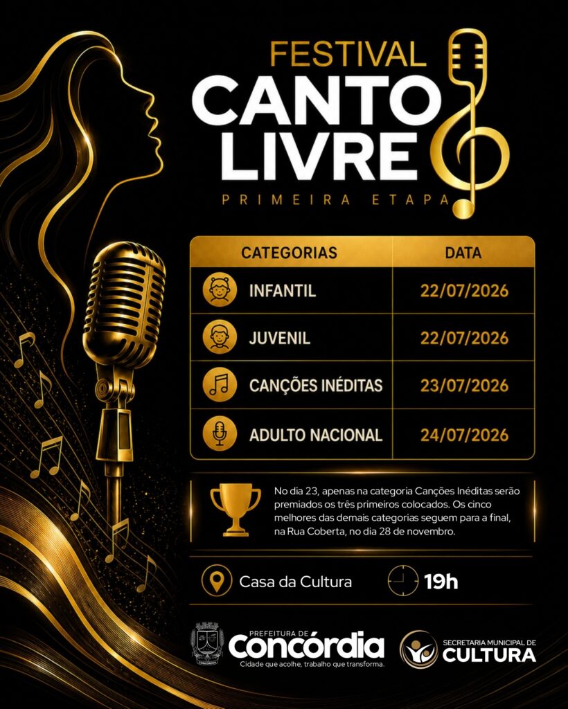 Etapa classificatória do Canto Livre acontece de 22 a 24 de julho na Casa da Cultura