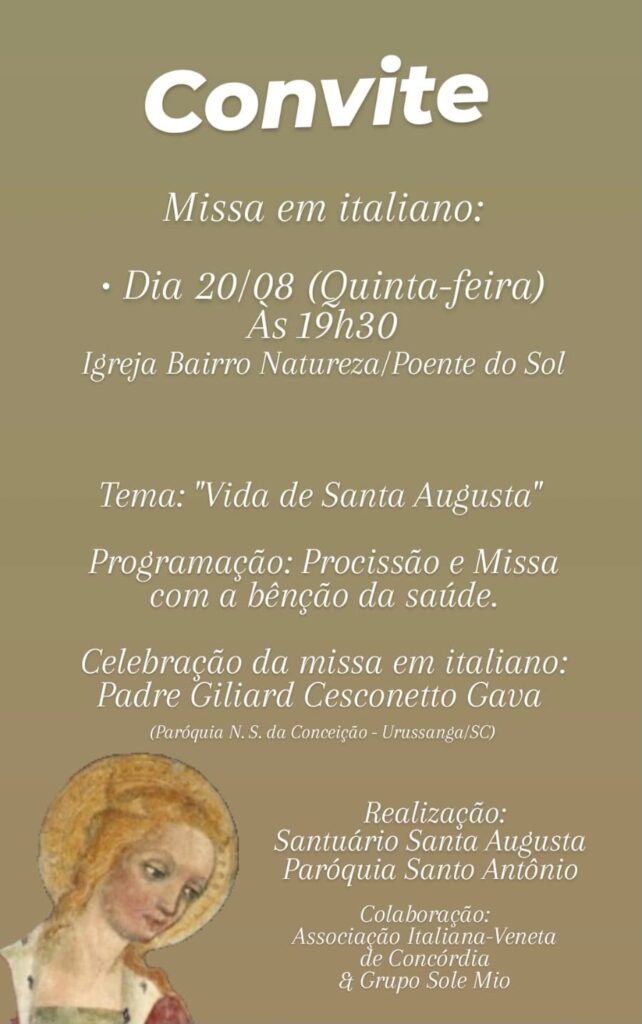 13ª Romaria de Santa Augusta começa nesta quinta-feira com missa em italiano