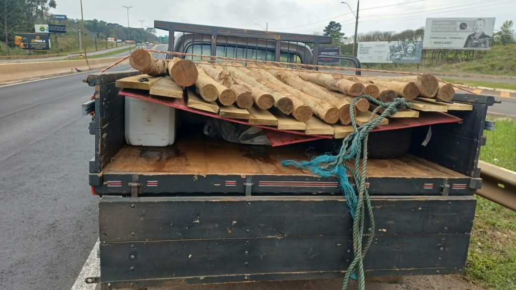 PRF apreende meio tonelada de agrotóxico contrabandeado escondido sob toras de madeira no Oeste catarinense