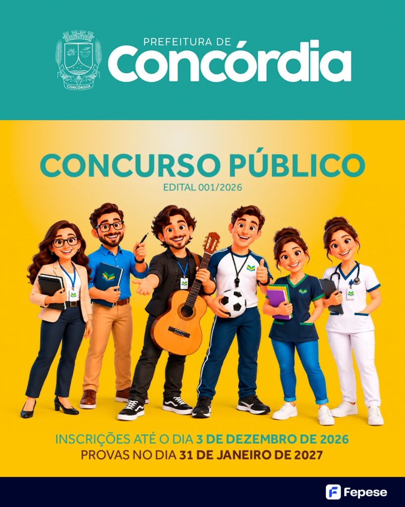 Prefeitura de Concórdia publica edital de Concurso Público com inscrições até 3 de dezembro